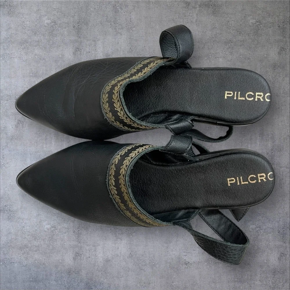 Pilcro Anthropologie Ankle Strap Black Leather Pointed Toe Flats Womens 37‎ US 7